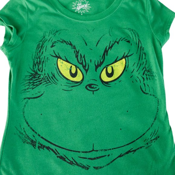 Dr Seuss The Grinch Green Medium Tee Shirt Full Face on Front Yellow Eyes Cotton - Picture 5 of 10